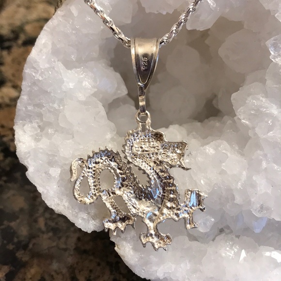 STERLING SILVER DRAGON PENDANT W/ROPE CHAIN NWT - Picture 2 of 5